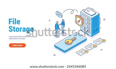File storage outline isometric concept. Securely store data on a server or in the cloud. Synchronize data between devices. Remote access to files. Vector in line style isolated on white background.