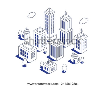 Set of isometric buildings in contour style for map or scene creation. Multistory tall buildings, and private houses. Modern collection in cartoon monochrome style. 3d outline vector illustration