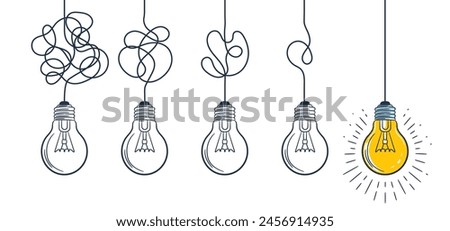 Journey of tangled wires leading to a bright light bulb, symbolizing the process of navigating through complexities to achieve the illumination of a new idea. Hand drawn vector in doodle style.