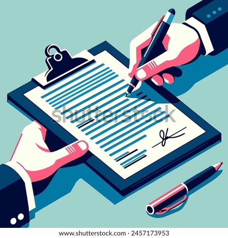 Ideal for depicting agreements, contracts, and legal document finalization in business and legal graphics. Vector illustration of a document signing process.