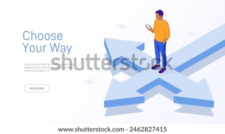 Man at crossroads with phone, choosing business path. Isometric view of decision making and navigation. Vector business illustration concept.