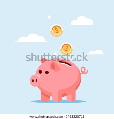 Piggy bank illustration with gold coins, savings and investment concept, simple line art on blue background. Flat vector in cartoon style.