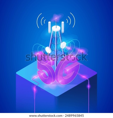 Isometric illustration depicting a cellular tower with a prominent 5G sign. Telecommunications, technology, connectivity, 5G networks, and the future of wireless communication.