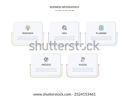 5 clean infographic design shaped elements template, symbolizing the five stages of business strategy and progression. Progress bar or timeline. Vector for presentation, web site or app.