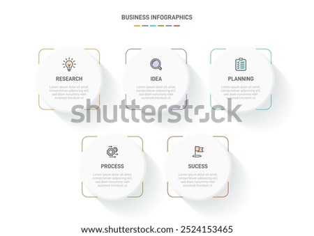 5 clean infographic design shaped elements template, symbolizing the five stages of business strategy and progression. Progress bar or timeline. Vector for presentation, web site or app.