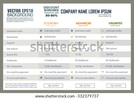 Vector pricing table template. Web banners boxes hosting plans. Pricing for web. Template with three type plan