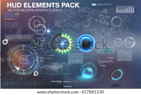 Fantastic abstract background with different elements of the HUD. Big set of various HUD elements. Charts, ratings style HUD switches and various geometrical objects. 