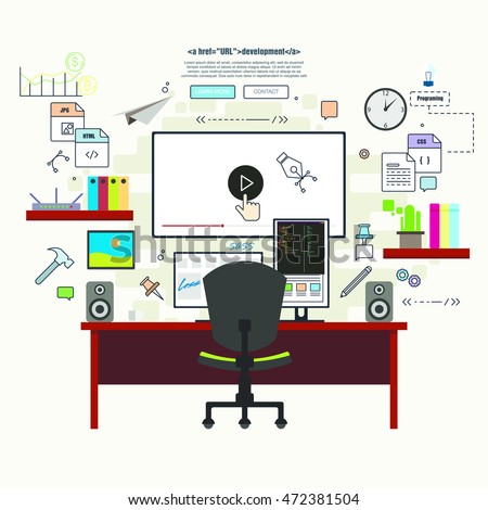 Professional programmer working desk setup with opened project on the monitors. Big table with multiple displays