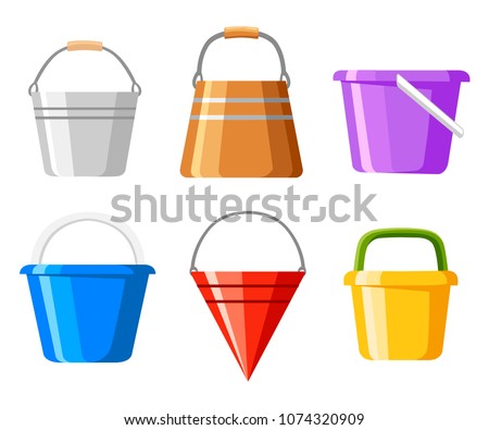 Set of buckets. A variety of bucket. Colored containers for water or sand. Cartoon style design. Vector illustration isolated on white background. Web site page and mobile app design.