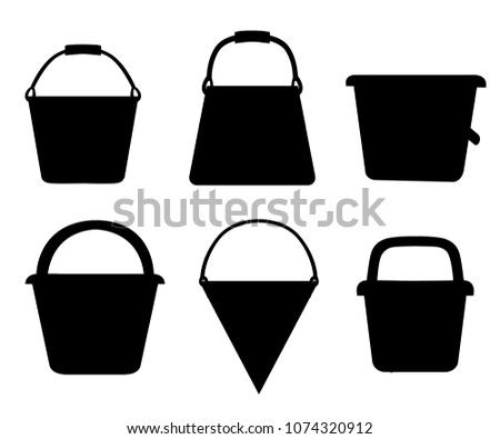 Black silhouette. Set of buckets. A variety of bucket. Colored containers for water or sand. Cartoon style design. Vector illustration isolated on white background. Web site page and mobile app.