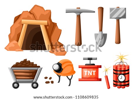 Mining icon set. Cartoon mine entrance, and tools for mining and quarrying. Retro tunnel. Old mine. Flat vector illustration isolated on white background.