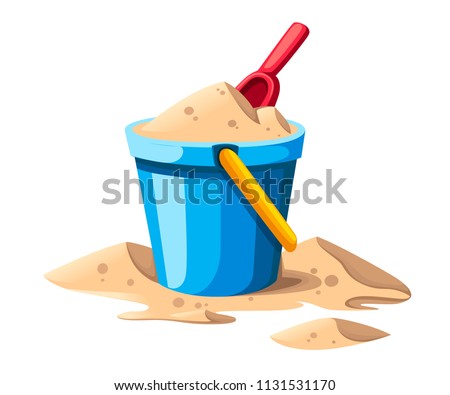 Bucket and spade. Sand in blue bucket with yellow handle. Red shovel. Colorful plastic kid toy. Summer icon. Flat vector illustration isolated on white background.