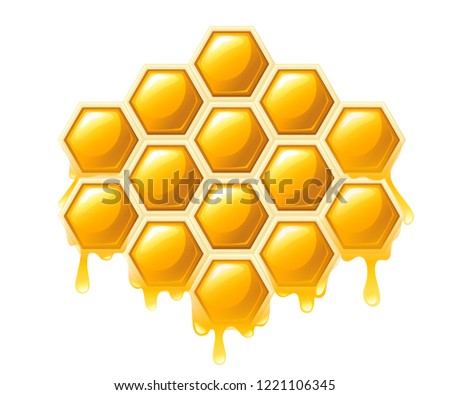 Honeycomb with honey drops. Sweet honey, logo for shop or bakery. Flat vector illustration isolated on white background.