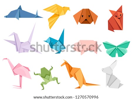 Origami japanese animal set. Modern hobby. Flat vector illustration isolated on white background. Colorful paper animals, low polygonal design.