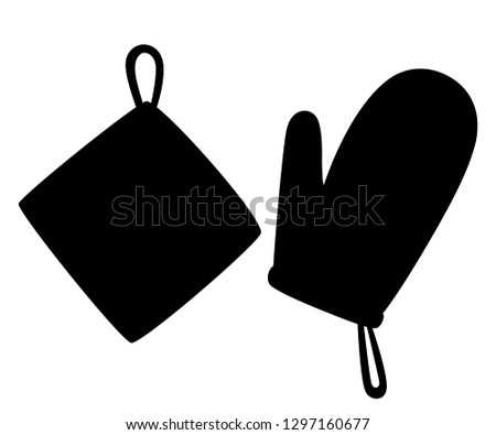 Black silhouette. Potholder and oven mitt. Protective fabric tissue cloth with square pattern. Flat vector illustration isolated on white background.