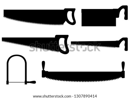 Black silhouette. Handsaw collection. Saw with wooden handle. Crosscut hand saw with long steel blade. Tool for cutting wood. Flat vector illustration isolated on white background.