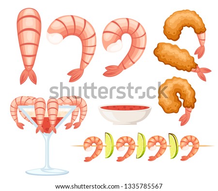 Fried shrimp in batter, boiled and kebab shrimp. Sauce for seafood. Tasty restaurant food. Flat vector illustration isolated on white background.