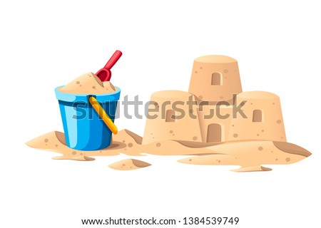 Simple sand castle with blue bucket and red shovel. Cartoon design. Flat vector illustration isolated on white background.