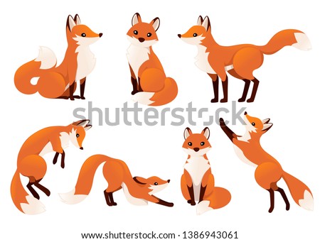 Cute cartoon fox set. Funny red fox collection. Emotion little animal. Cartoon animal character design. Flat vector illustration isolated on white background.