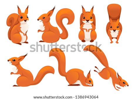 Cute cartoon squirrel set. Funny little brown squirrel collection. Emotion little animal. Cartoon animal character design. Flat vector illustration isolated on white background.