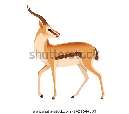 African wild black-tailed gazelle with long horns head looks back cartoon animal design flat vector illustration on white background side view antelope