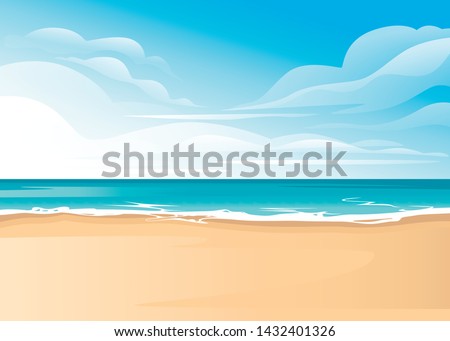 Tropical landscape of coast beautiful sea shore beach on good sunny day flat vector illustration