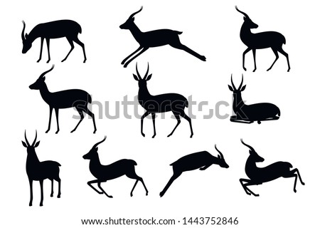 Black silhouette set of african wild black-tailed gazelle with long horns cartoon animal design flat vector illustration on white background side view antelope
