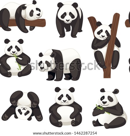 Seamless pattern of cute big panda in different poses cartoon animal design flat vector illustration