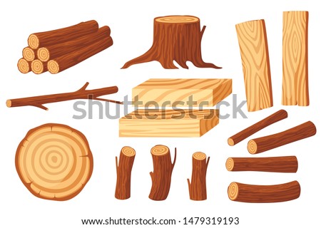 Set of wood logs for lumber industry with trunks stump and planks flat vector illustration isolated on white background