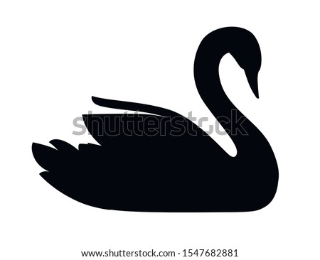 Black silhouette swan largest flying bird swim on water cartoon animal design flat vector illustration isolated on white background