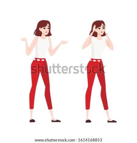 Beautiful brunette women with doubt expression cartoon character design flat vector illustration isolated on white background