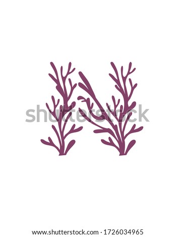 Letter N purple colored seaweeds underwater ocean plant sea coral elements flat vector illustration on white background Foto stock © 