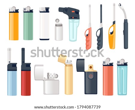 Set of metal and plastic lighter for kitchen or cigarette gas lighter smoker accessory flat vector illustration isolated on white background