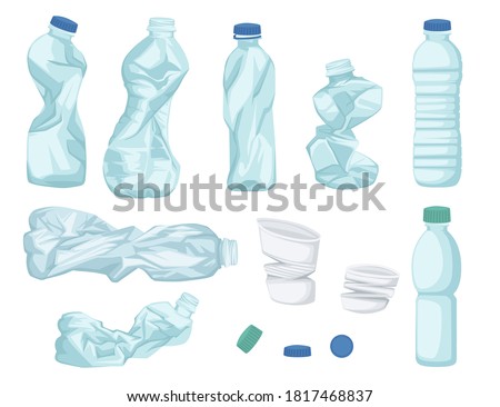 Plastic water bottle waste set of different bottle garbage transparent plastic flat vector illustration isolated on white background
