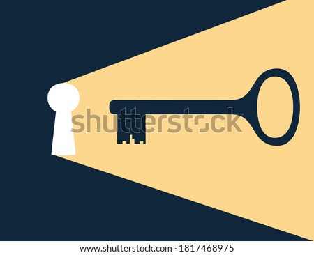 Keyhole with golden key flat vector illustration on dark background