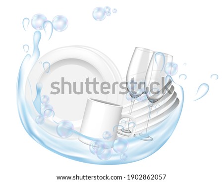 Stack of clean plates mug and glass wines with water splash home or restaurant dishwashing vector illustration realistic style on white background