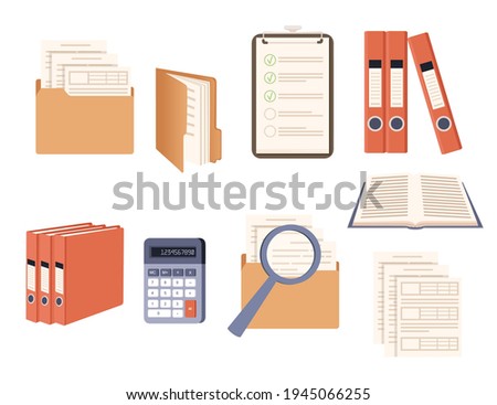 Office supplies set hard cardboard folders with iron rings office folders envelopes scrapbook accessories vector illustration on white background