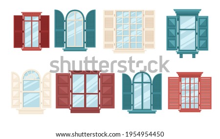Set of various wooden windows with shutters collection retro windows vector illustration on white background