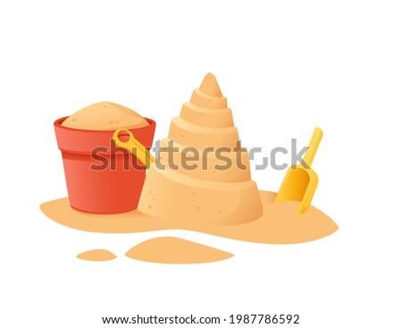 Sand tower on the beach happy childhood hobby building with sand shovel and bucket vector illustration on white background