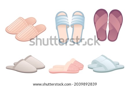 Collection of home soft slippers different colors vector illustration on white background