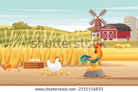 Rural landscape farmland grain field with windmill and chicken nest agricultural buildings sunny day vector countryside illustration