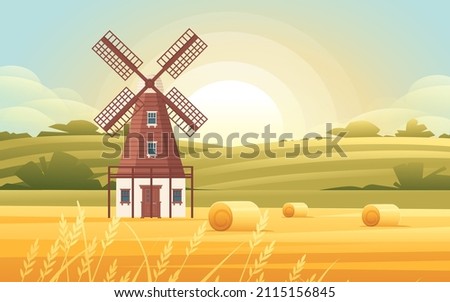 Rural landscape with hay bales and classic windmill sunny day agriculture farm field vector countryside background illustration
