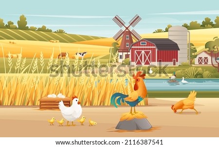 Rural landscape farmland grain field with windmill and chicken nest agricultural buildings sunny day vector countryside illustration