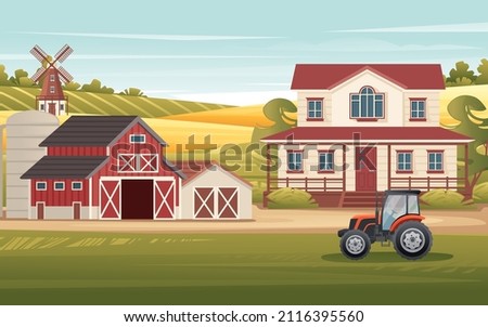 Rural landscape farmland with wooden barn and mill tractor works on field sunny day vector countryside illustration