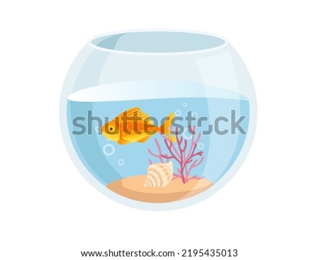 Fishbowl aquarium with water golden fish, sand, corals and shell vector illustration isolated on white background