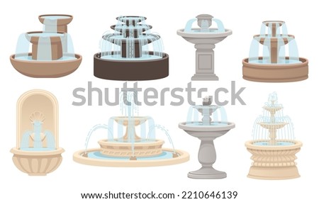 Set of stone fountains street decoration architecture vector illustration isolated on white background