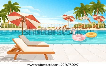 Hotel swimming pool or resort outdoor wooden lounger umbrella inflatable flamingo and ball vector illustration