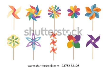 Set of colorful pinwheel simple hand toy with wind fan vector illustration isolated on white background