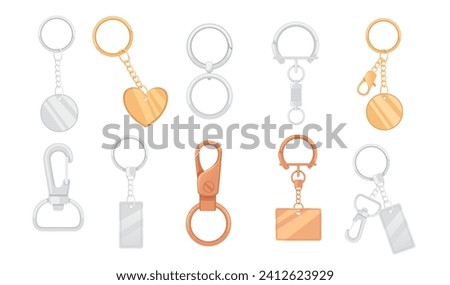 Set of metal keychain with ring and chain vector illustration isolated on white background