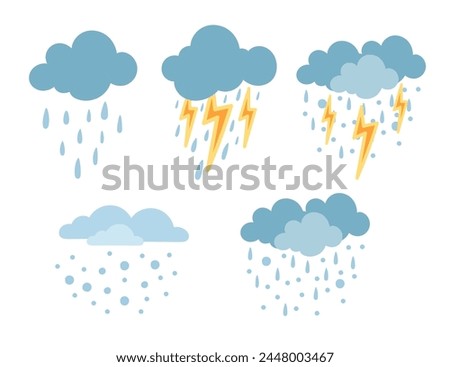 Set of rain and snowy clouds with thunder icons vector illustration isolated on white background